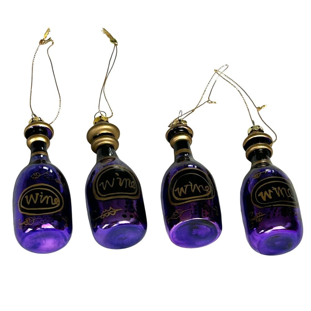 Set Of 4 Miniature Glass Wine Bottle Christmas Tree Ornaments